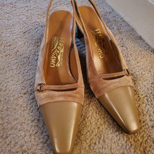 Salvatore Ferragamo Nude Slingback Horsebit Suede Heels Size 8